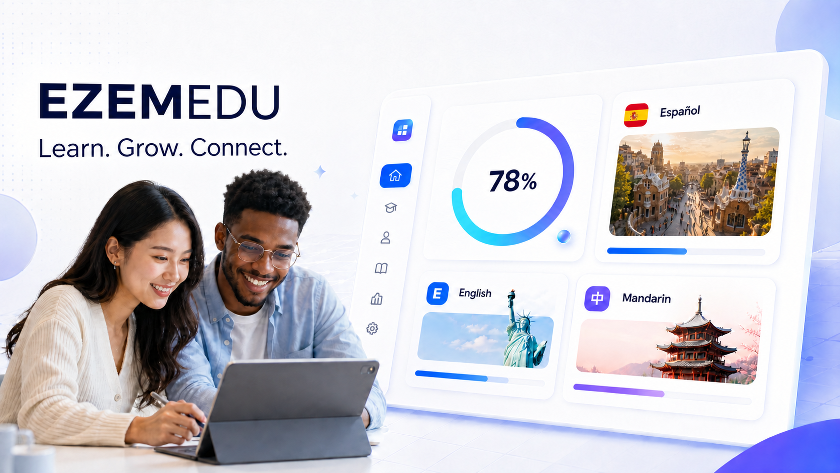 Two learners studying together with the EZEMEDU progress dashboard